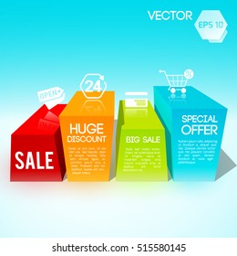 Big sale design template with text fields on colorful 3d elements flat vector illustration