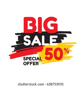 Big sale discount 50% - vector banner concept illustration. Abstract advertising promotion layout on white background. Special offer badge. Graphic design element. 