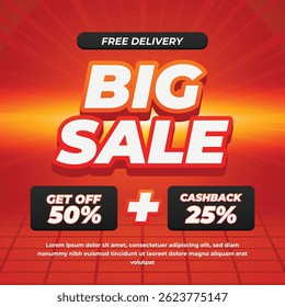 Big Sale Discount Banner with Free Delivery and Cashback Offer. Perfect for online store promotions, seasonal discounts, and marketing campaigns.