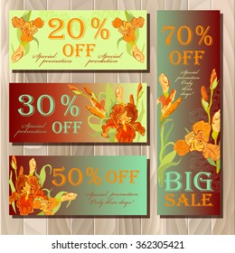 Big sale, discount card, gift certificate or voucher, coupon template with red iris flowers. Holiday background mock for banner or ticket. Red, orange, yellow and green design. Vector illustration.