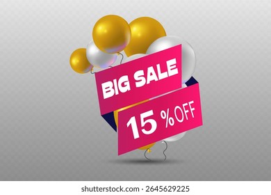 Big sale and discount day, banner with beautiful balloons.