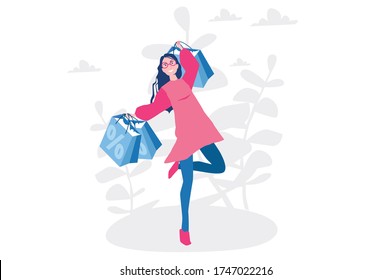 Big sale % Discount, happy woman with Shopping Bags, Vector illustration for web banner, infographics, mobile. 