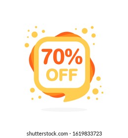 Big sale discount icons. Special offer price signs of yellow and orange and red colors. 70 percent OFF reduction symbols. Speech bubble or chat symbol on white background. Vector illustration.