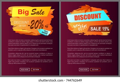 Big sale discount offer only today  20 percent off autumn best choice labels on vector posters, advertisement set promo banners with text, landing page design