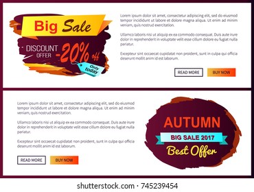 Big sale discount offer only today -20% off autumn best choice labels on vector posters, advertisement set promo banners with text, landing page design