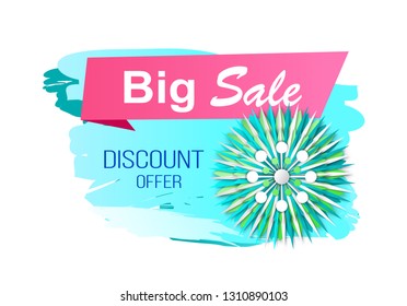 Big sale discount offer spring proposition banner vector. Isolated icon with flower in bloom, ribbons and text sample, brush style promotion of goods