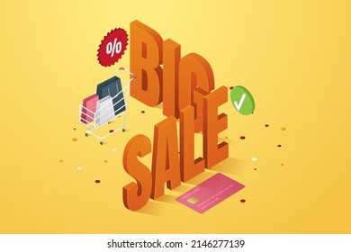 Big sale big discount, paper bag on cart, credit cardon yellow background. isometric vector illustration. svg
