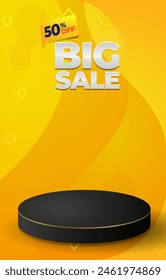 big sale discount portait template banner with blank space 3d podium for product sale with abstract gradient yellow background design2