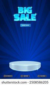 big sale discount portait template banner with blank space 3d podium for social media post product sale with abstract gradient blue background design68