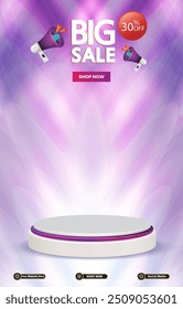 big sale discount portait template banner with blank space 3d podium for social media post product sale with abstract gradient purple background design 6