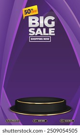 big sale discount portait template banner with blank space 3d podium for social media post product sale with abstract gradient purple background design1