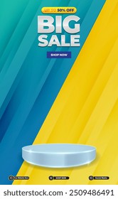 big sale discount portait template banner with blank space 3d podium for social media post product sale with abstract gradient yellow background design 7