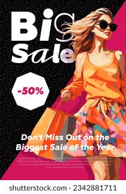 Big sale and discount poster. Beautiful woman in shopping mall. Black Friday promotional trendy placard with advertising text. Creative typography art print. Fashion cover design template. Vector eps