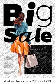 Big sale and discount poster. Beautiful woman in shopping mall. Black Friday promotional trendy placard with advertising text. Creative typography art print. Fashion flyer design template. Vector eps