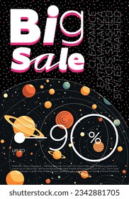 Big sale and discount poster. Promo inscription on abstract space pattern background. Black Friday trendy placard with advertising text. Creative typography art print. Fashion shopping cover template