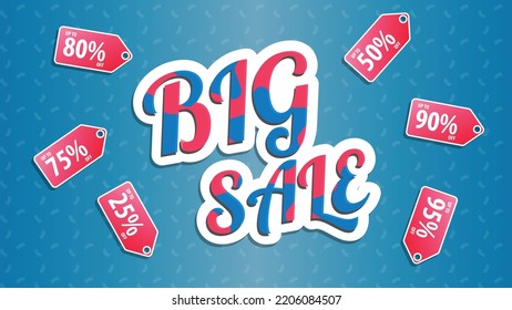 big sale discount price tag with cash pattern and blue background