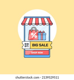 big sale discount promotion online shop social media marketing with gift box shopping bag and smartphone with stripped awning roof store vector outline illustration