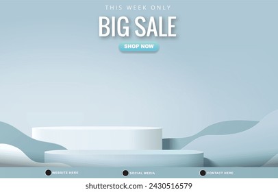 big sale discount tempate banner with blank space 3d podium for product sale with abstract gradient blue and white background design