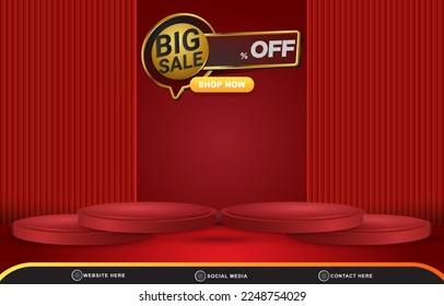 big sale discount template banner with blank space 3d podium for product sale with abstract gradient red background design