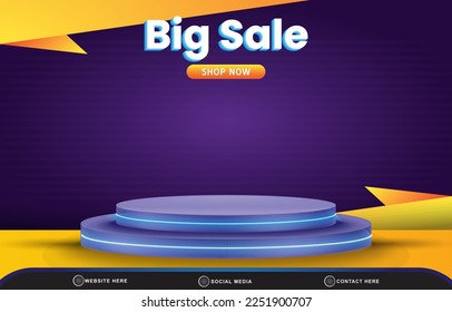 big sale discount template banner with blank space 3d podium for product sale with abstract gradient blue and yellow background design