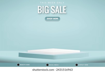 big sale discount template banner with blank space 3d podium for product sale with abstract gradient blue and white background design