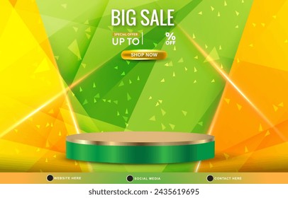 big sale discount template banner with blank space 3d podium for product sale with abstract gradient yellow and green background design