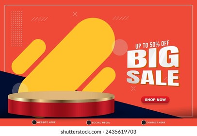 big sale discount template banner with blank space 3d podium for product sale with abstract gradient red and orange background design