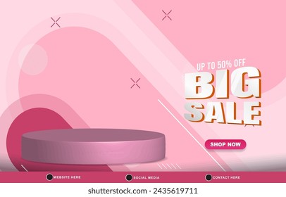 big sale discount template banner with blank space 3d podium for product sale with abstract gradient pink and white background design