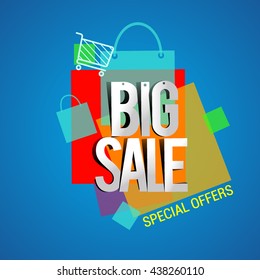 Gran venta de descuento de diseño vectorial para banner, volante y folleto con bolsa de compras aislada en segundo plano para el negocio de promoción de eventos o tienda por departamentos.