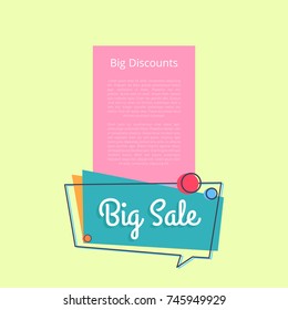 Big sale discounts promotional banner with place for text, inscription in speech bubble vector illustration isolated on yellow with place for text