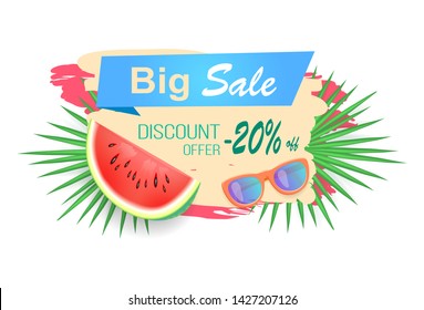 Big sale and discounts reduction of price isolated banner vector. Juicy watermelon with sunglasses and tropical leaves of plant. Reduced cost on goods