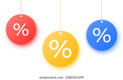 Big sale with discounts. Round illuminated percent icons hang on ropes. Vector illustration EPS 10