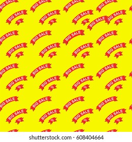 Big sale and discounts seamless pattern. Red paper ribbon with text on yellow background flat illustration. For goods wrapping paper, labels, advertising printing materials design