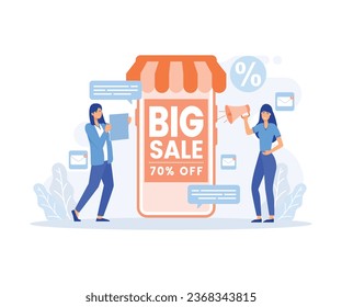 Big sale and discounts for shoppers e-marketing Concept, Woman use megaphone or bullhorn on screen of laptop phone digital promotion, flat vector modern illustration