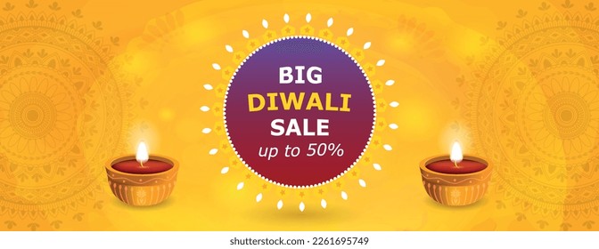 Big sale diwali banner. Advertising graphic element for website, marketing. Candles and inscription, special offer, discounts and promotions. Traditional holiday. Cartoon flat vector illustration