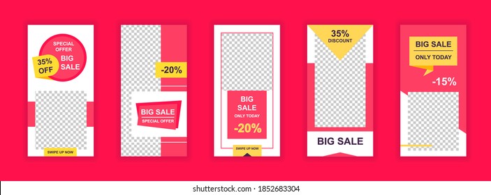 Big Sale Editable Templates Set For Stories. Offering Sales Discounts Only Today, Marketplace Promo. Design For Social Networks. Story Mockup With Free Copy Space Vector Illustration.