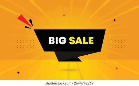 Big sale editable web banner vector art illustration badge icon template design with black shapes yellow orange sun shine abstract background sale 4k unique modern style for promotions and ads