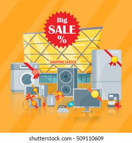 Big sale in electronics store concept. Group of different home technics with labels and price tags near shopping center flat vector illustration isolated on white. For holiday discount promotion 