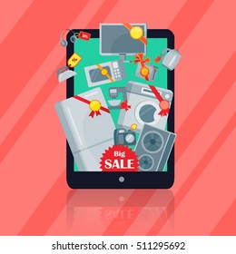 Big sale in electronics store concept. Group of different home technics with labels and price tags on tablet screen flat vector illustration on red. Online shopping. For holiday discount promotion 