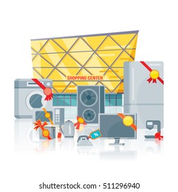 Big sale in electronics store concept. Group of different home technics with labels and price tags near shopping center flat vector illustration isolated on white. For holiday discount promotion