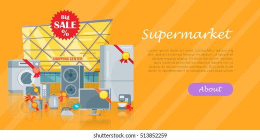 Big sale in electronics store concept. Group of different home technics with labels and price tags near shopping center flat vector illustration isolated. For holiday discount promotion