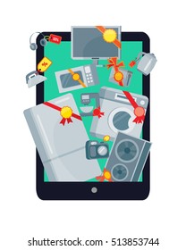 Big sale in electronics store concept. Group of different home technics with labels and price tags on tablet screen flat vector illustration. Online shopping. For holiday discount promotion