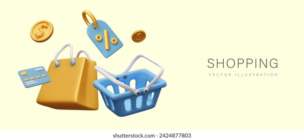 Big sale. Empty shopping basket, bag, credit card, coins, discount tag