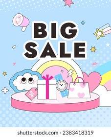 Big sale event ad web template poster banner. Cute flat illustration. Lively and colorful discounts