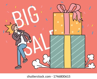 Big Sale Event Promotion Poster. The huge gift box falls and the man is startled. hand drawn style vector design illustrations. 