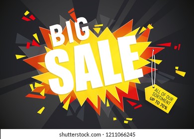 Big sale explosion on a black background. Advertising template, perfect for banner or print edvert. Speech bubble particle explosion.