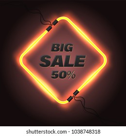 Big sale fifty percent with square neon lights banner for promotion advertising element.