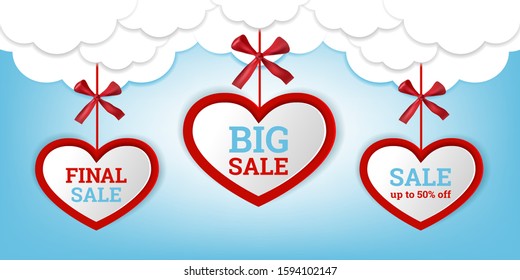 Big sale, final sale and discount up to 50%. Discount banner. Hearts shaped labels in clouds on a blue background. Vector illustration. Can be used for Valentine's Day, Women's Day, Mothers Day etc.