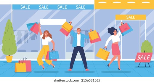 Gran venta Composición plana con gente feliz sosteniendo bolsas de compras ilustración vectorial