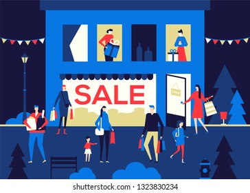 Big Sale - flat design style colorful illustration on dark blue background. High quality composition with male, female characters, buying products and gifts in the store. Shopping, discount concept